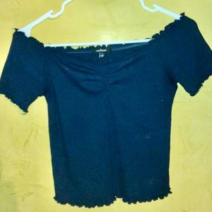Ambiance Blue Lettuce Trim Off Shoulder Ribbed Top